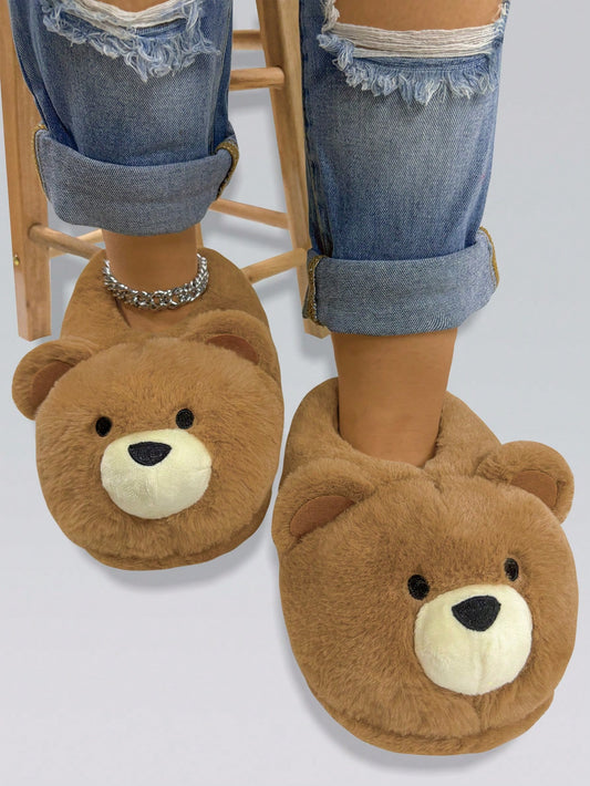 Brown Embroidered Closed Toe Teddy Bear Fleece Lined Slip-On House Slippers For Women