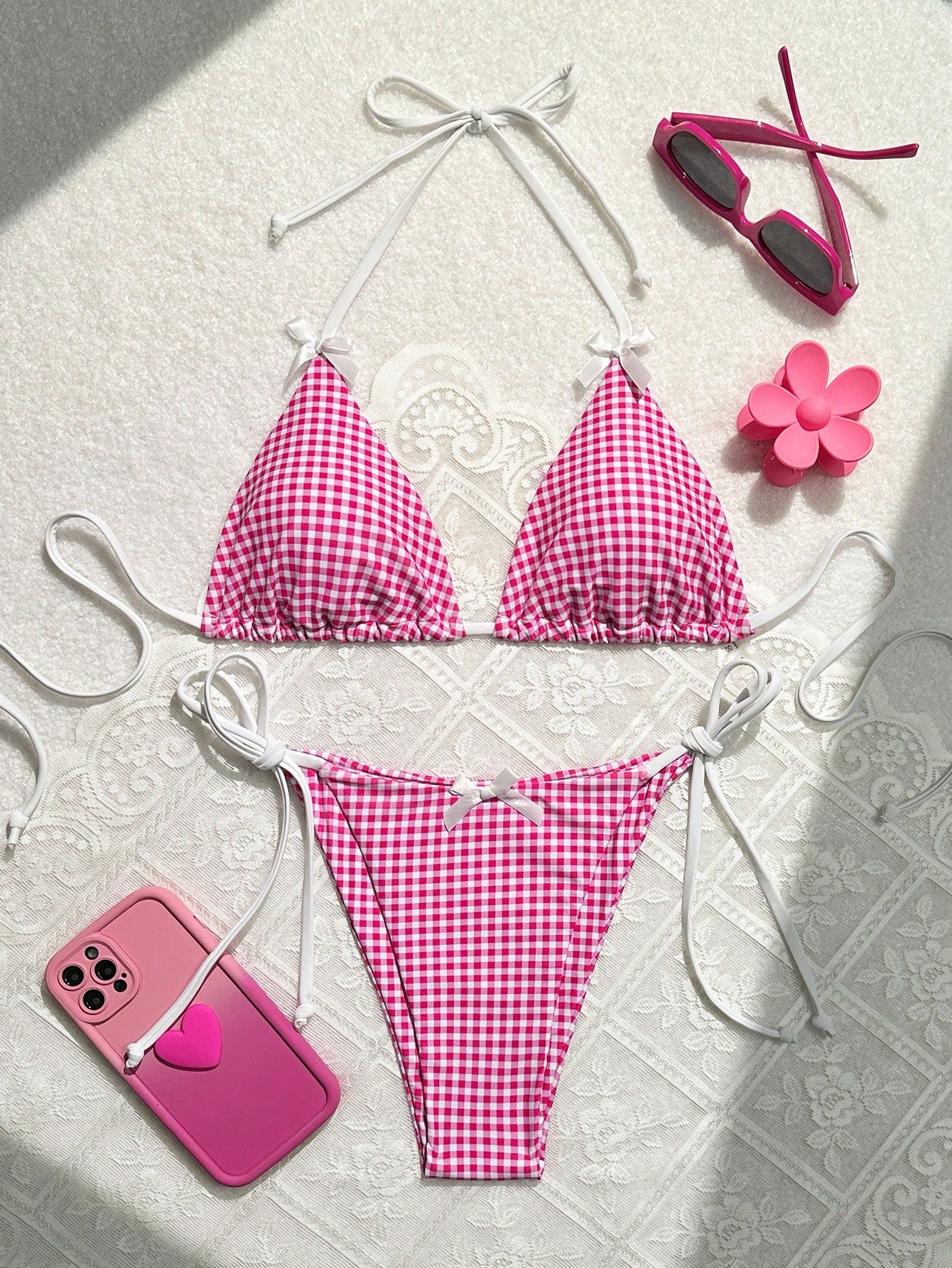 Swim Mod Summer Beach Checkered V-Neck Halter Bikini Set