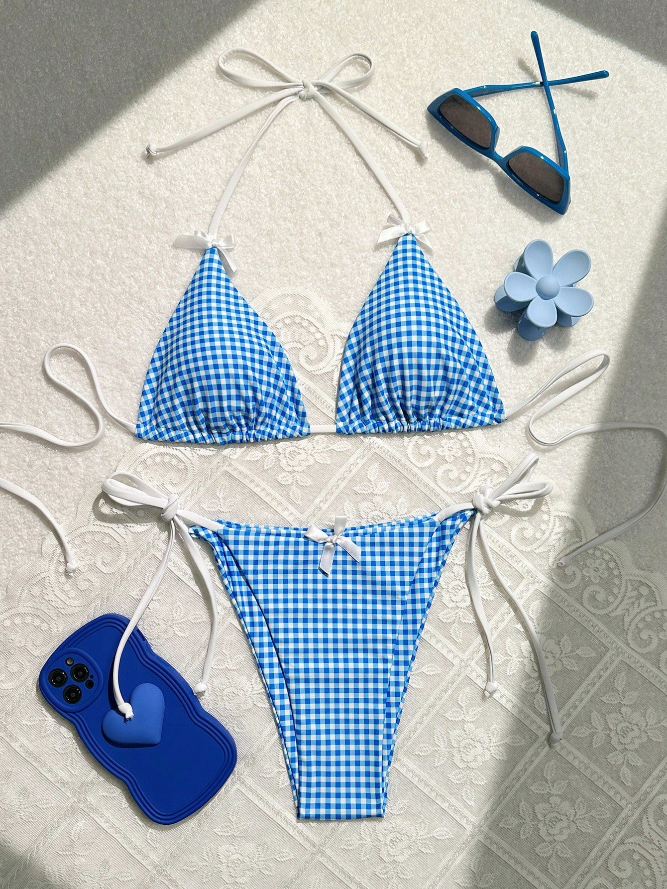 Swim Mod Summer Beach Checkered V-Neck Halter Bikini Set