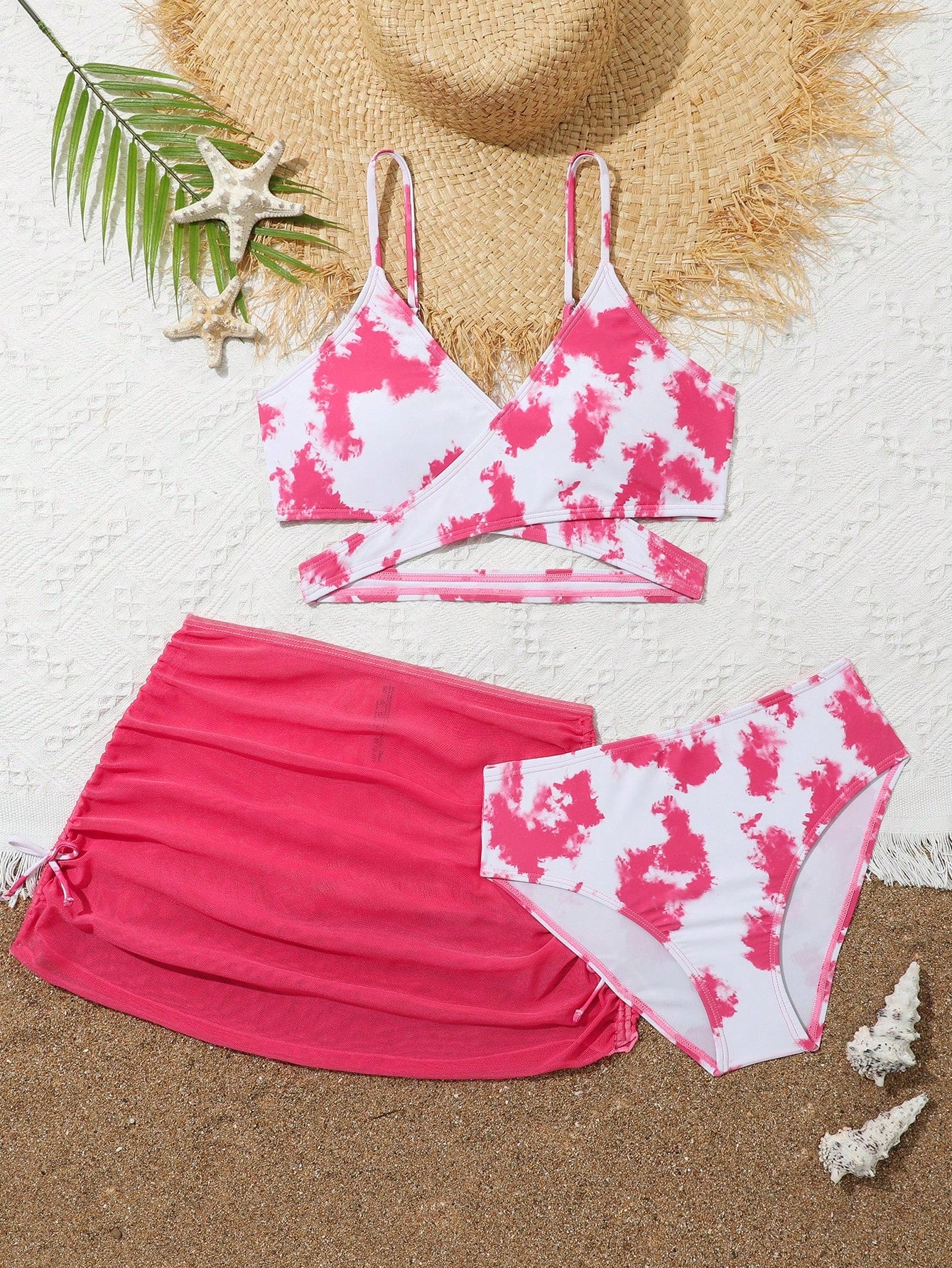 Teen Girls Allover Print Wrap Bikini Set With Beach Skirt Summer Beach