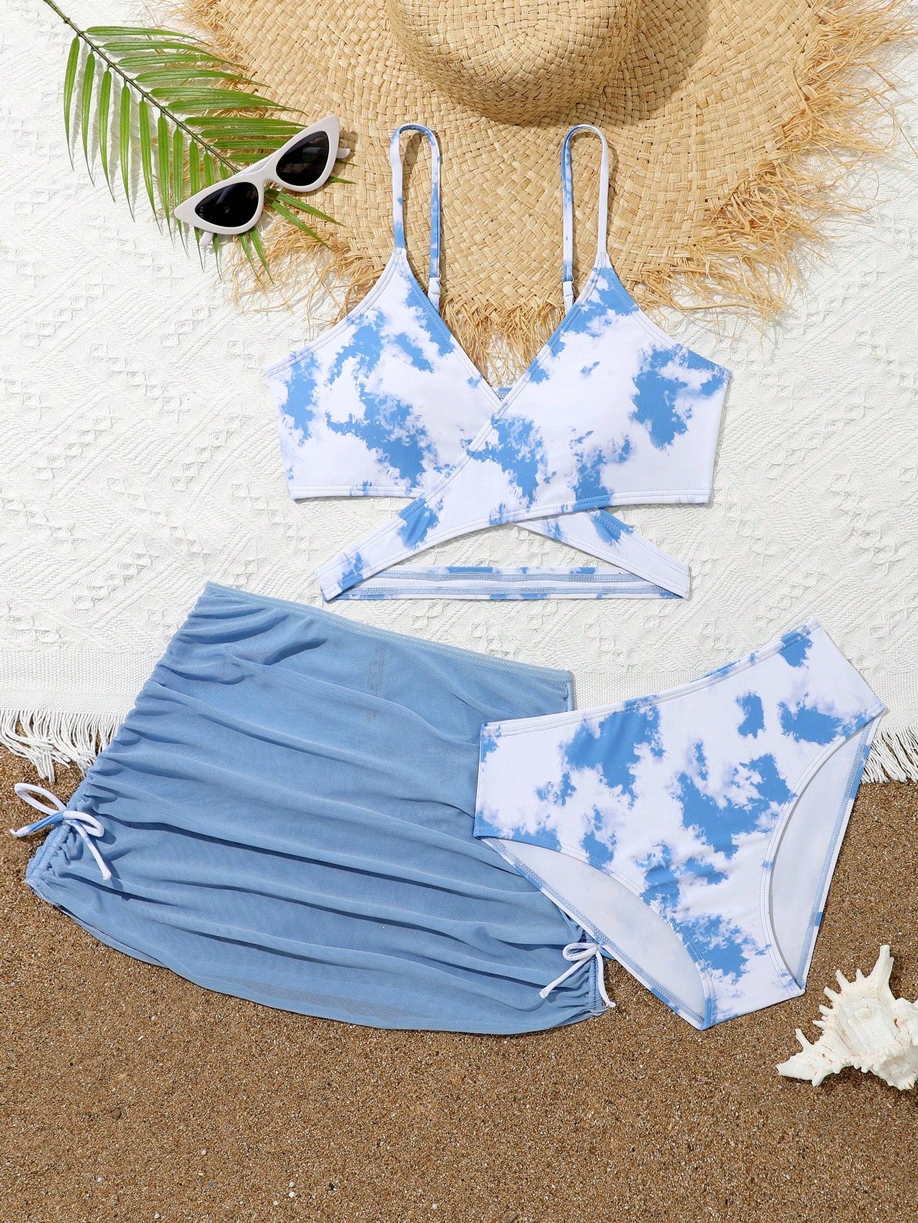 Teen Girl Three-Piece Marble Print Bikini Set Summer Beach