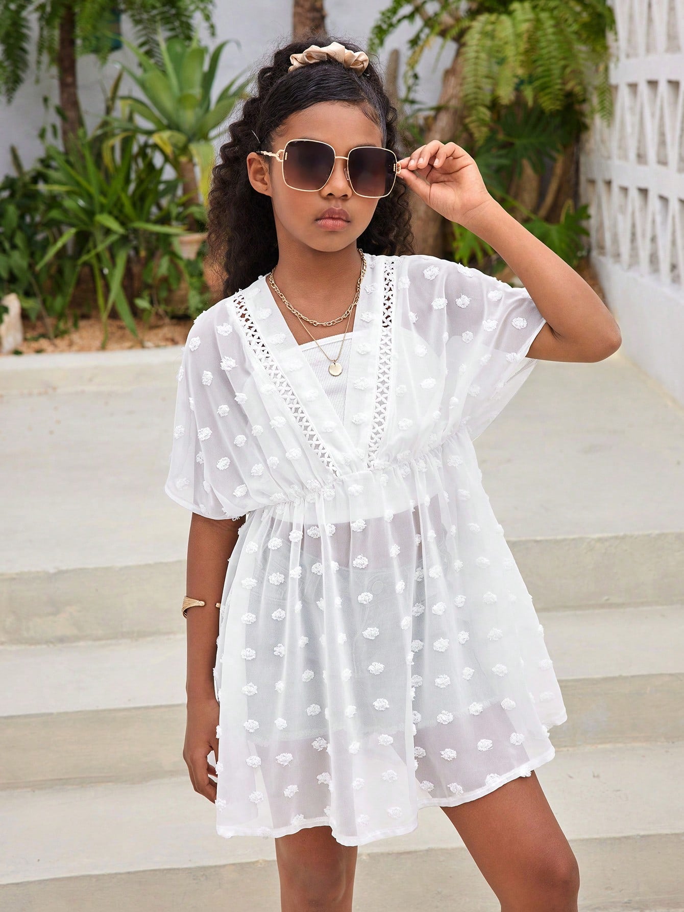 Tween Girls' Everyday Casual Jacquard Weave V-Neck Short Sleeve Cover Up For Spring And Summer