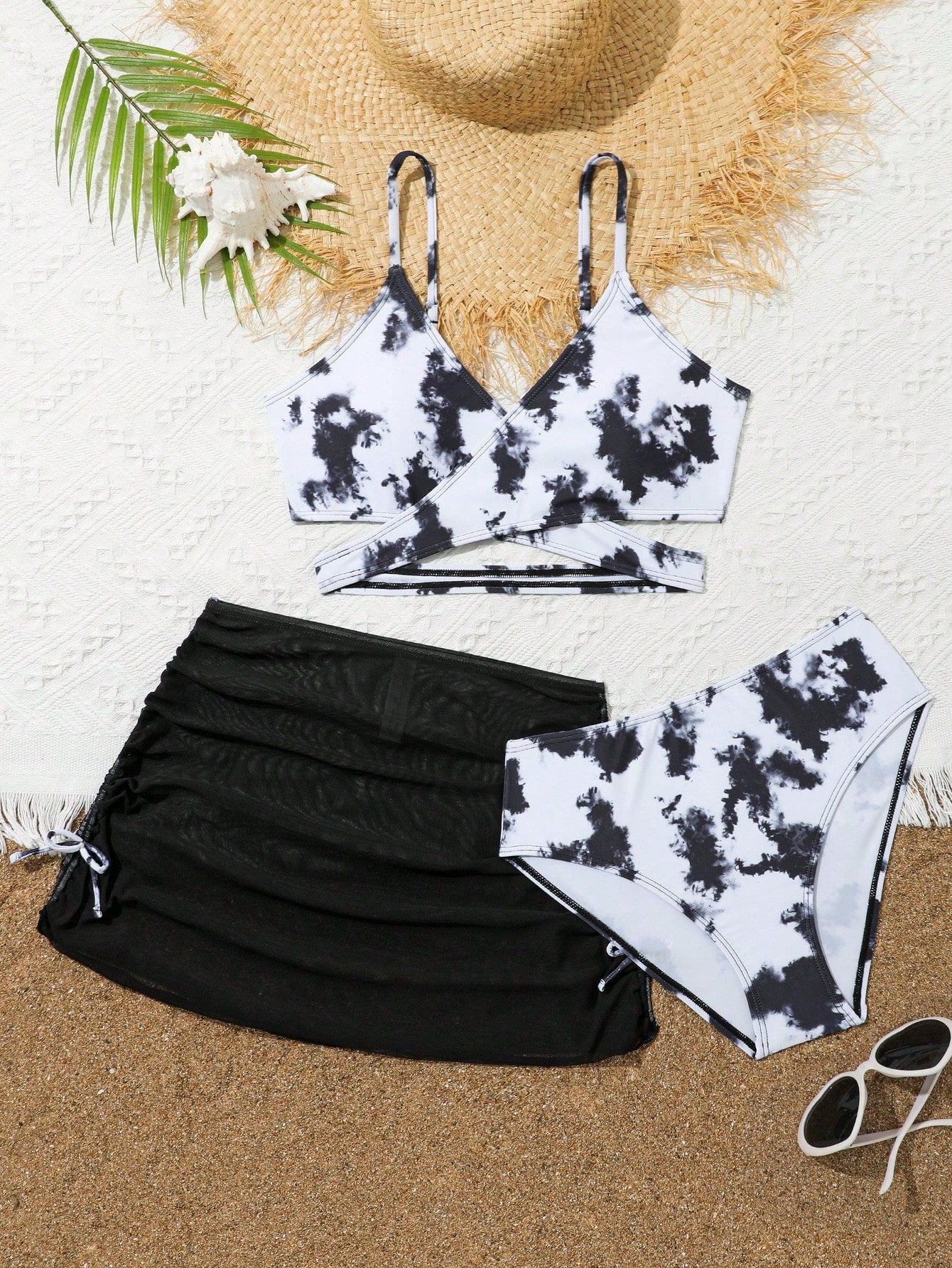 Teen Girl Three-Piece Marble Print Bikini Set Summer Beach