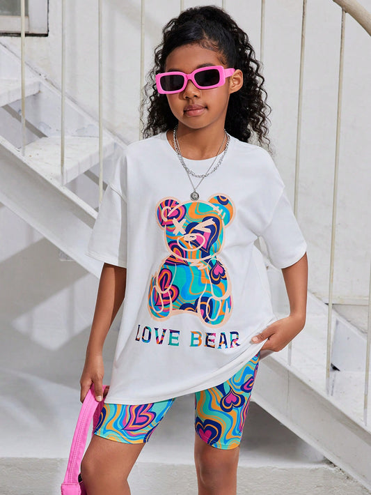 Tween Girl Cool Street Style Bear Printed Round Neck Short Sleeve T-Shirt With Heart Printed Shorts Set For Spring/Summer