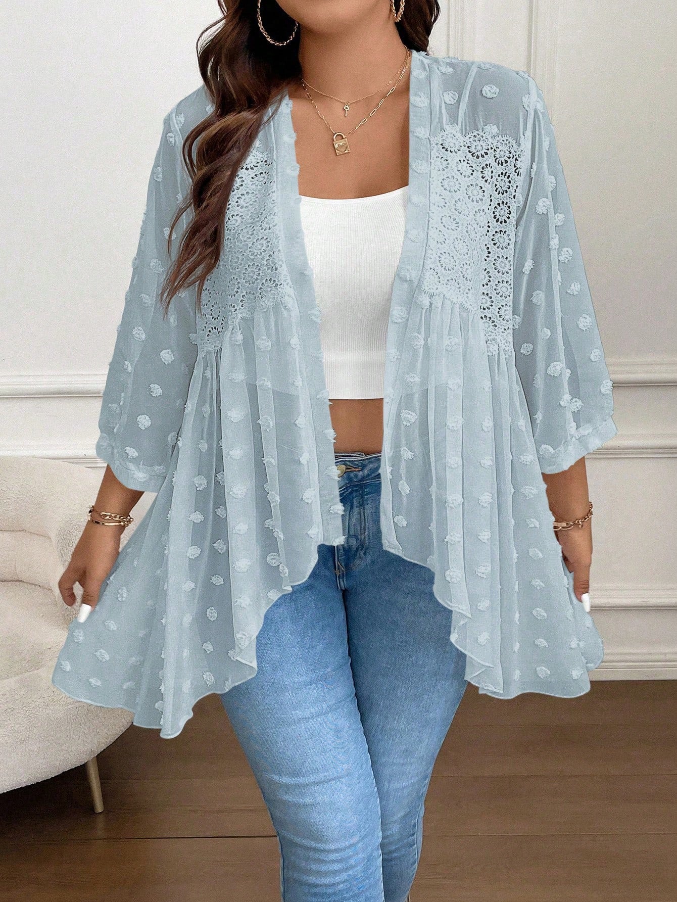 Plus Size Women's Fashionable Summer 3d Polka Dot Irregular Hem Jacket