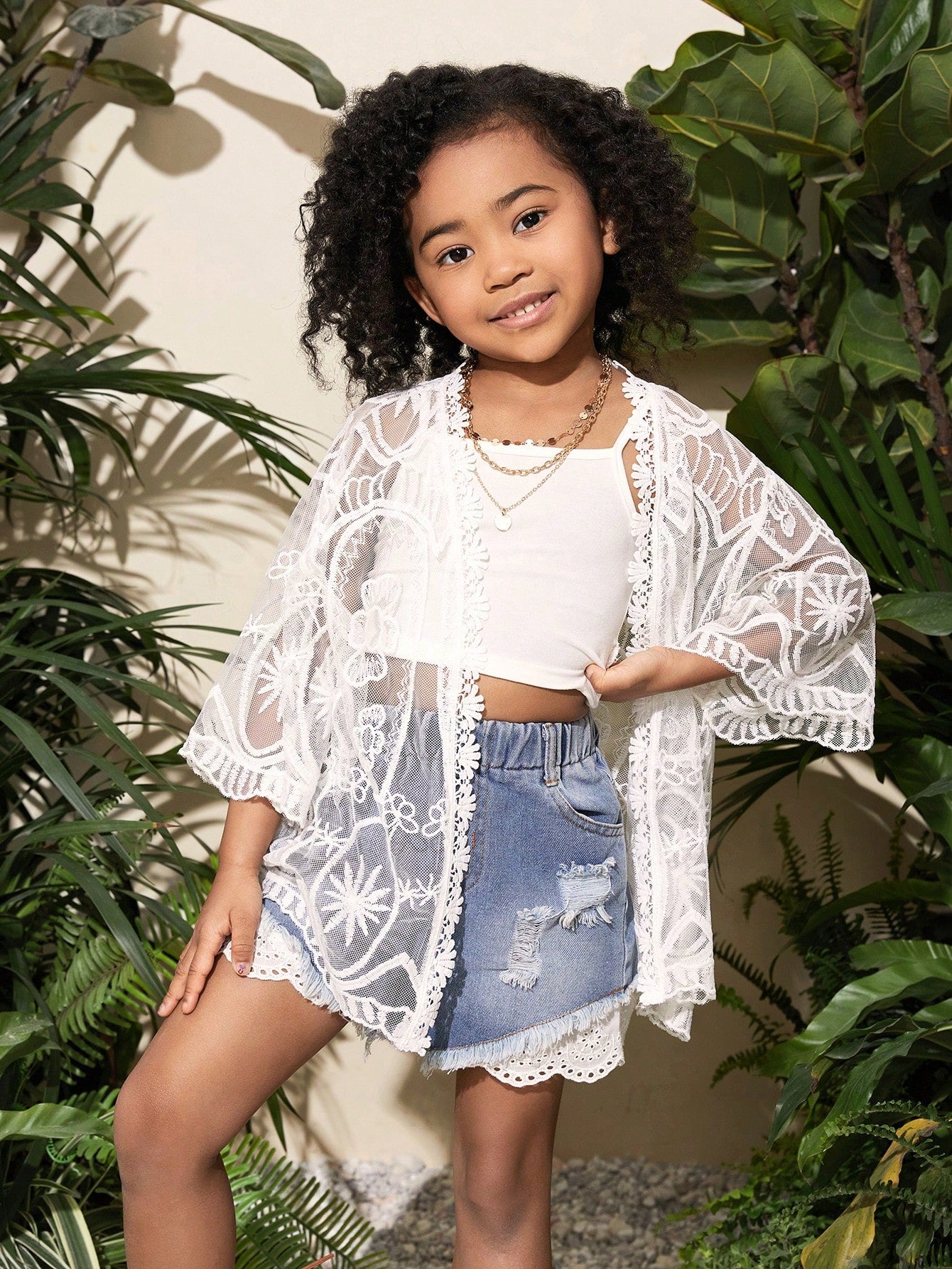 Young Girl Cool & Trendy Spring/Summer Knitted Mesh Casual Kimono Cardigan With 3/4 Sleeves