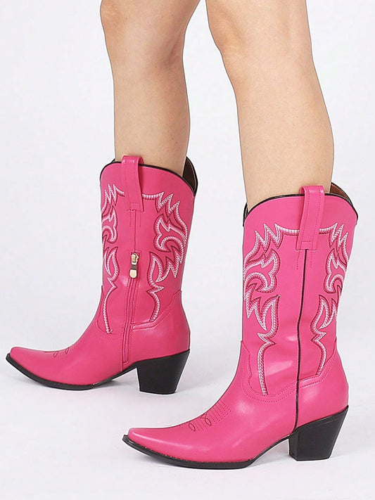 Women's Western Style Cowgirl Embroidered Mid Calf Boots Pointy Toe Chunky Heel Slip On Fashion Cowboy Shoes