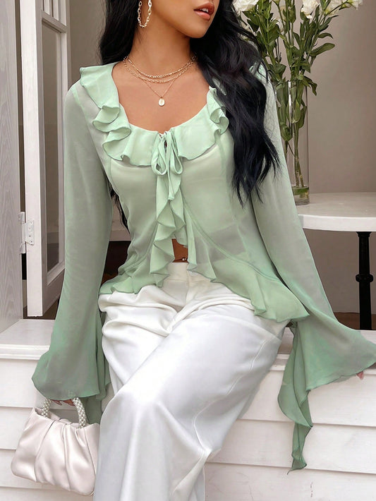 Women's Green Irregular Ruffle Placket Romantic Vacation Extra-Long Sleeves Shirt