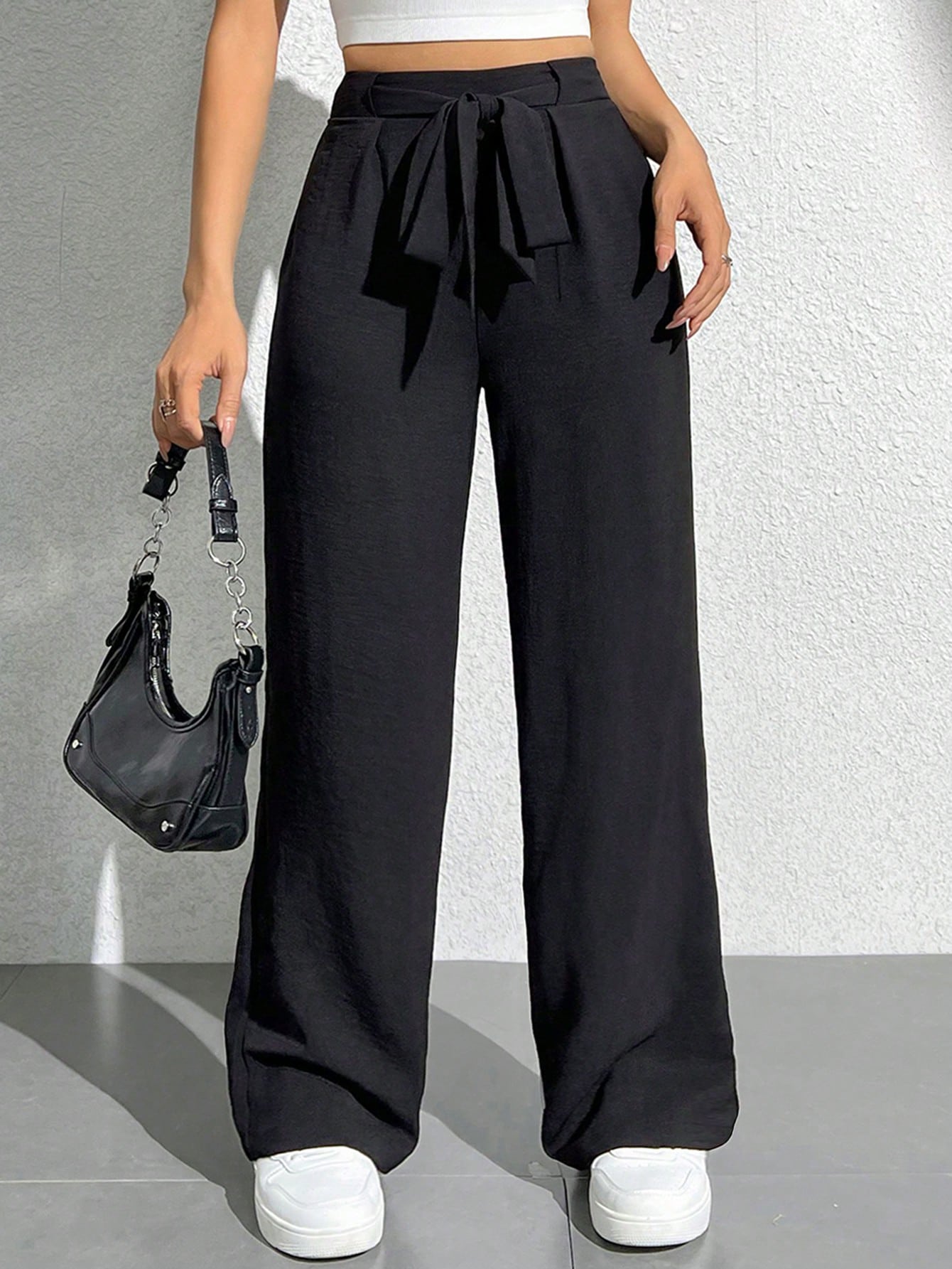 Solid Color High Waisted Belted Wide Leg Pants