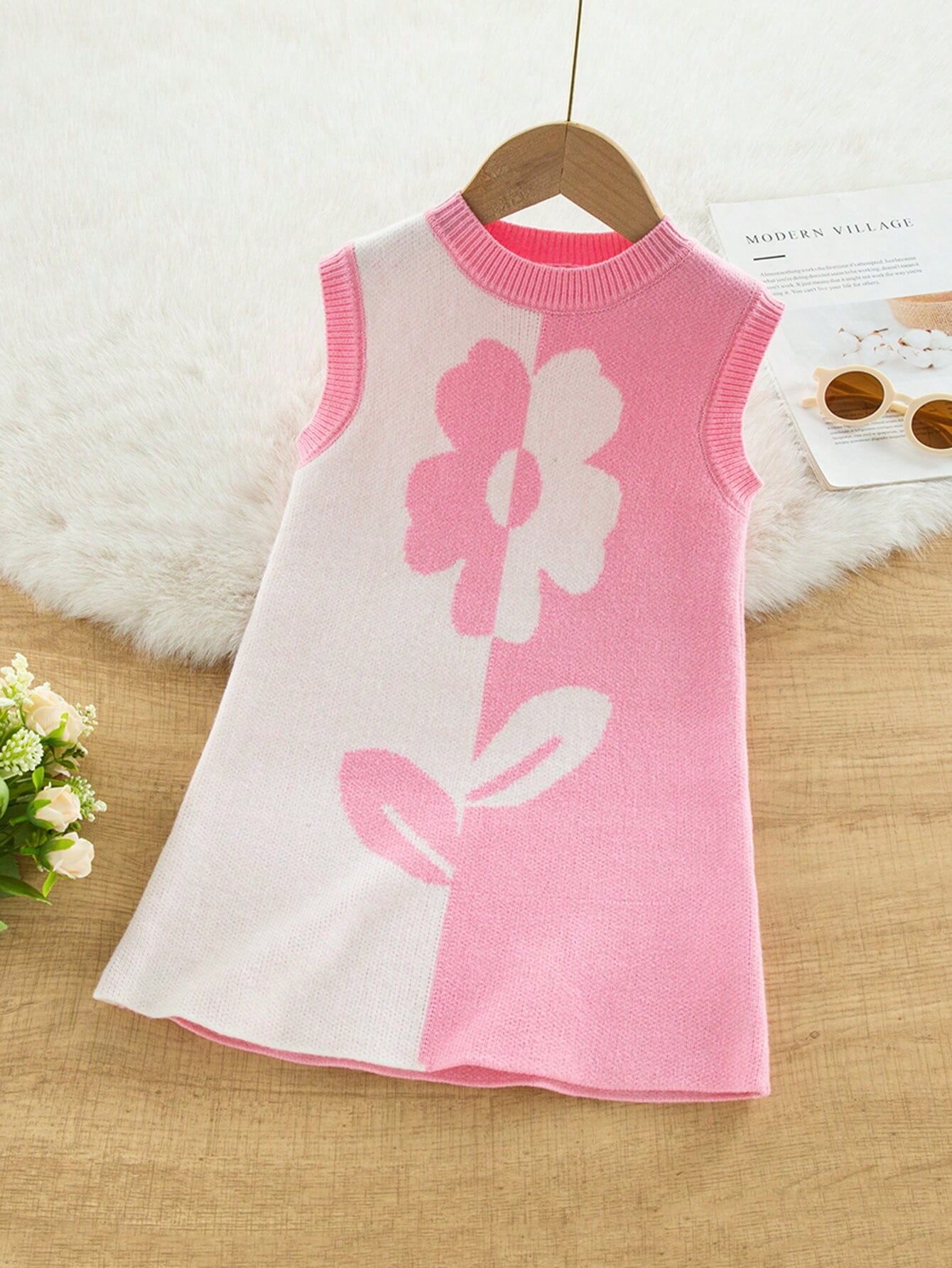 Young Girl Color Block Splicing Flower Pattern Sleeveless Sweater Dress