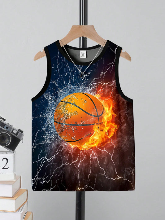 Basketball Printed Simple Round Neck Sleeveless Tank Top For Tween Boys' Sporty & Casual Summer Look