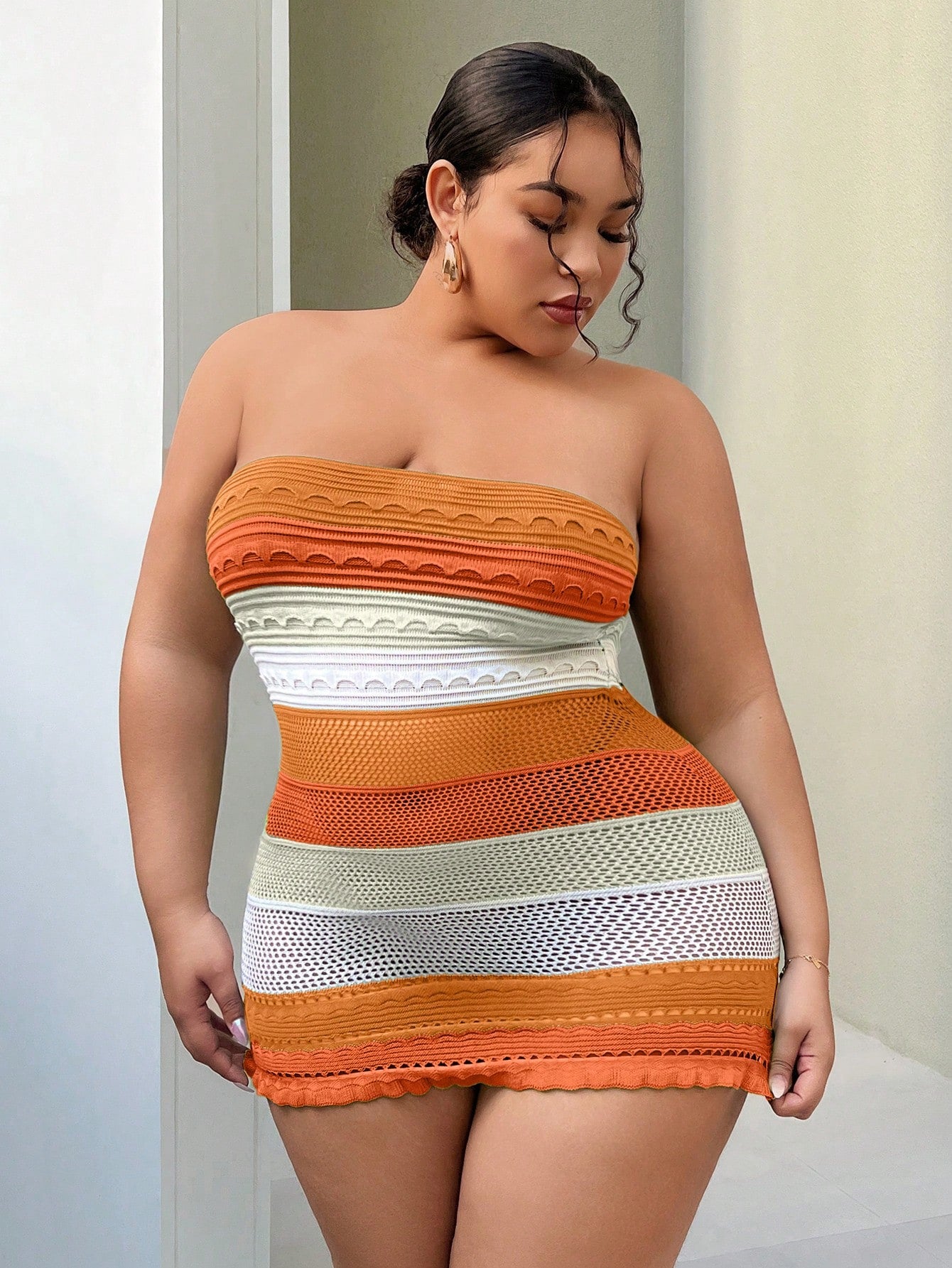 Plus Size Striped Sexy Color Block Bandeau Bodycon Sweater Dress