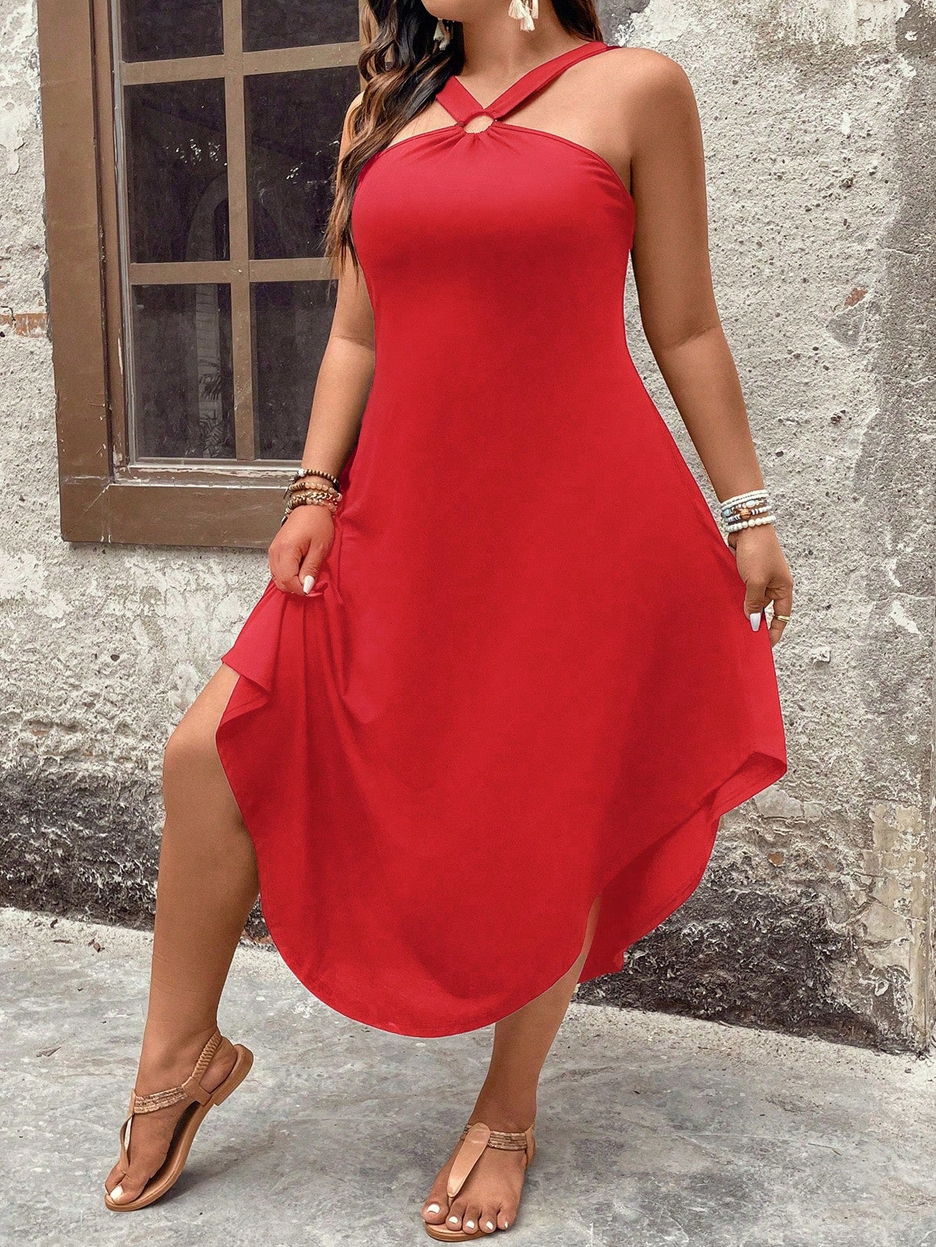 Plus Size Curved Hem Halter Neck Dress