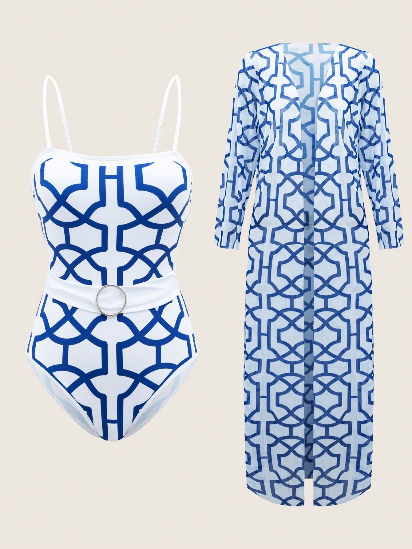 Swim Oasis Summer Beach Women's Beach Geometric Print One Piece Swimsuit With Matching Kimono 2pcs Set