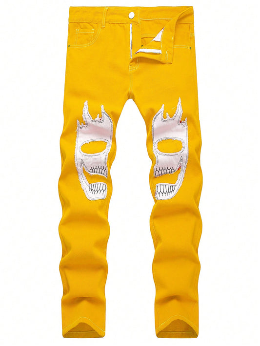 Teen Boy Fashionable Skull Patch Yellow Jeans