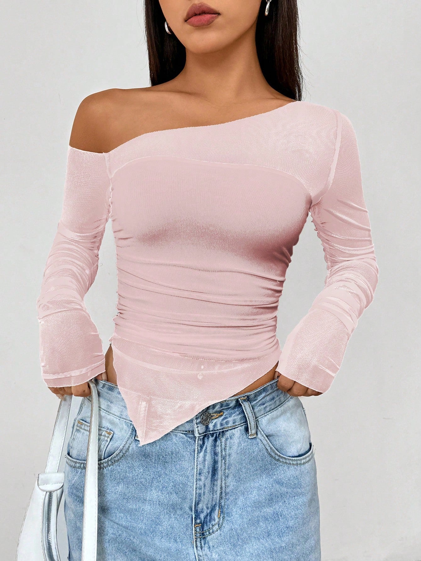 Women's Casual Mesh Splicing Asymmetrical Neckline T-Shirt