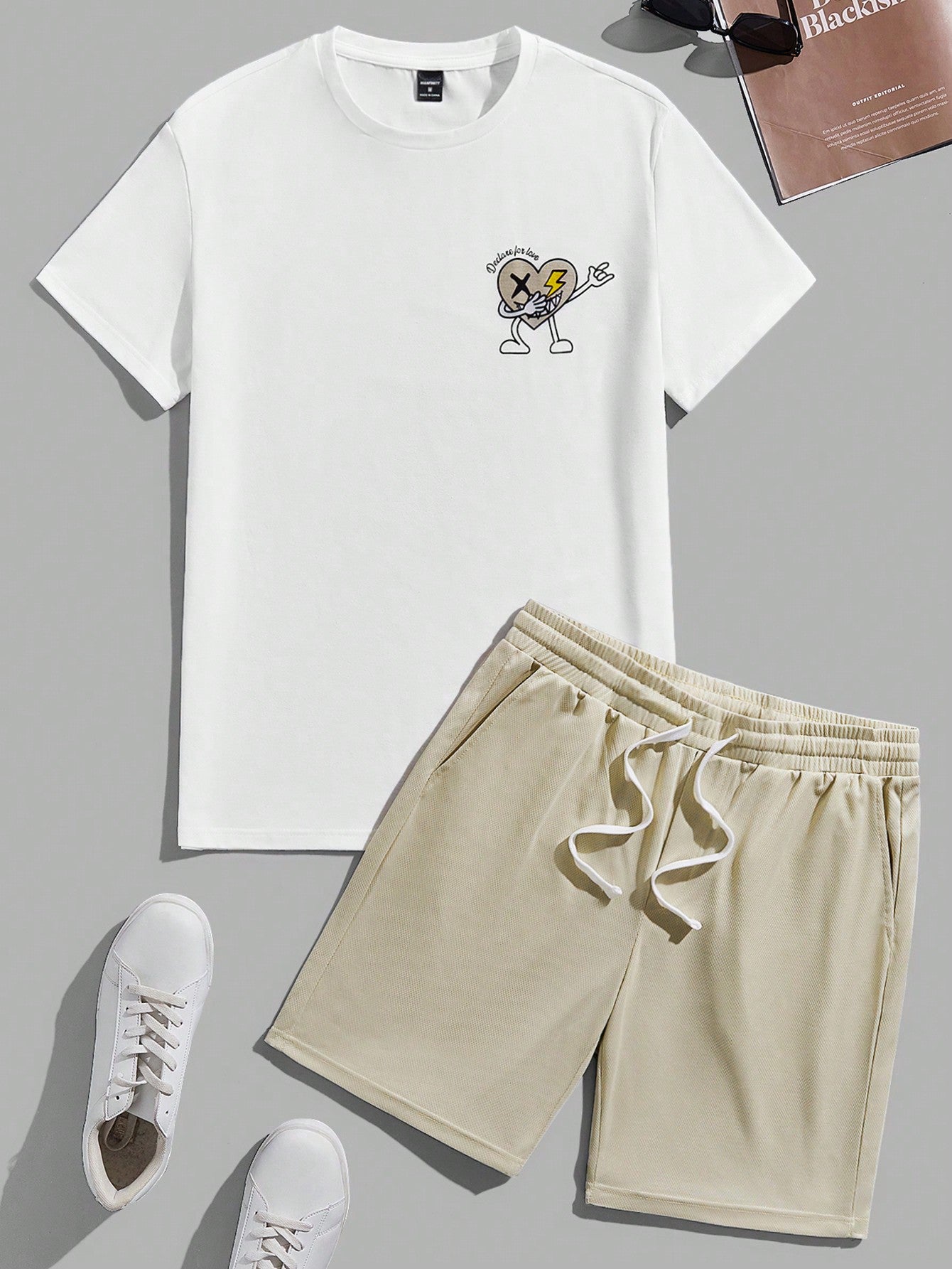 Men's Cartoon Printed T-Shirt And Solid Color Shorts Set