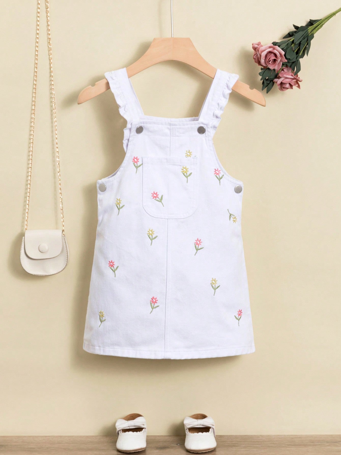 Young Girl Floral Embroidery Ruffle Trim Denim Dress