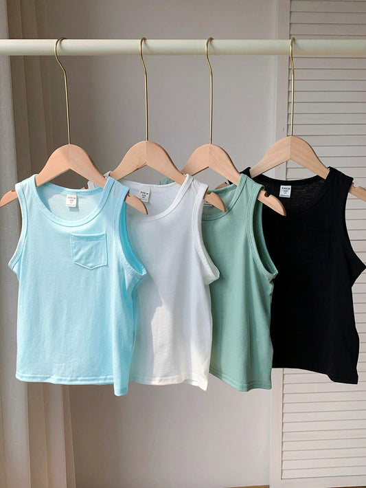 Young Boy 4pcs Casual & Comfortable Breathable Tank Top For Spring And Summer