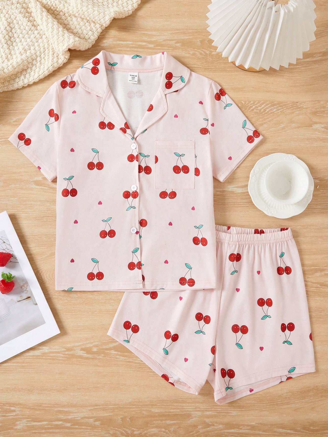 Tween Girl Cherry Print Short Sleeve Cardigan And Shorts 2pcs Pajama Set, Casual Sleepwear