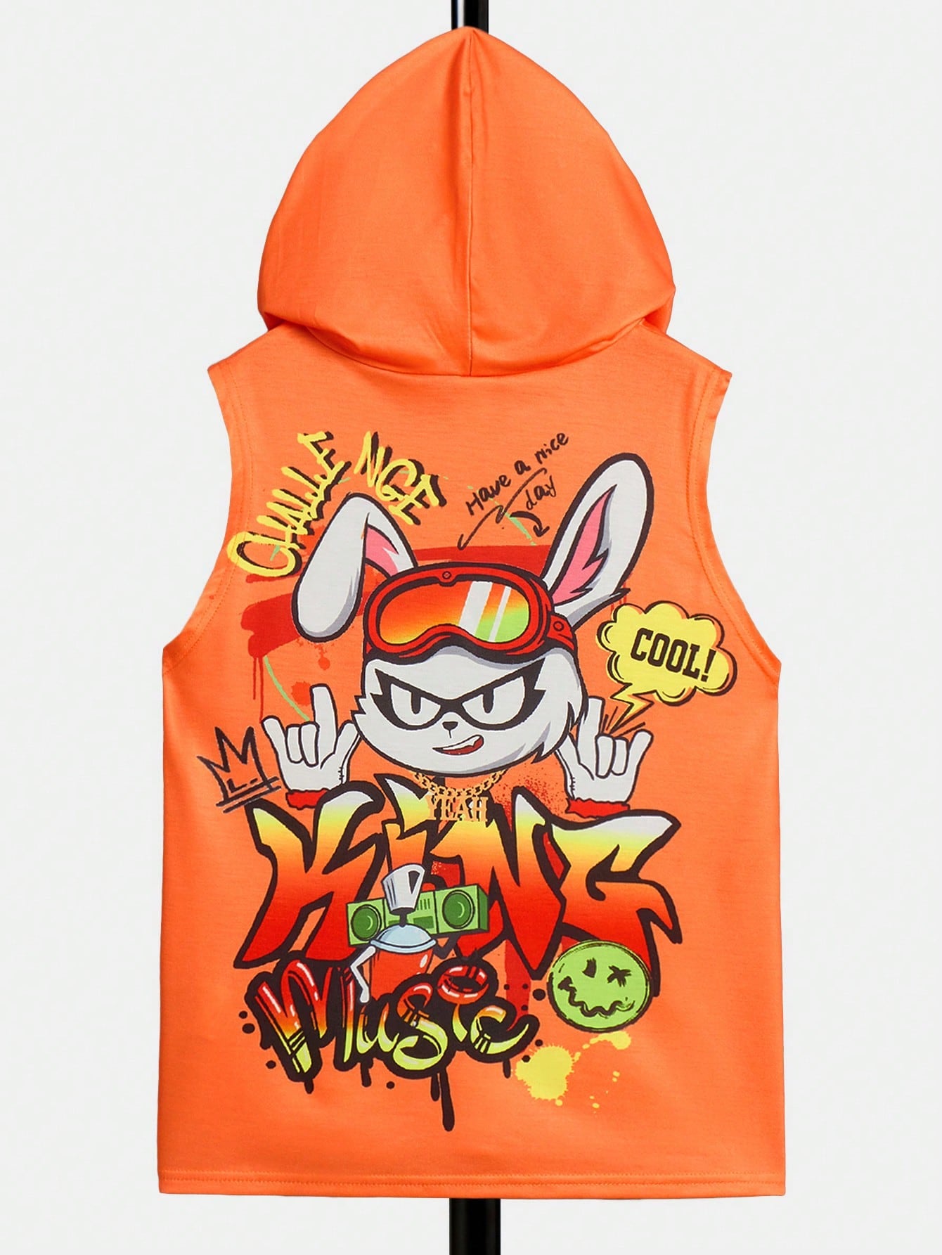 Tween Boys' Casual Comfortable Hooded Knitted Tank Top With Letter & Cartoon Rabbit Pattern, Summer