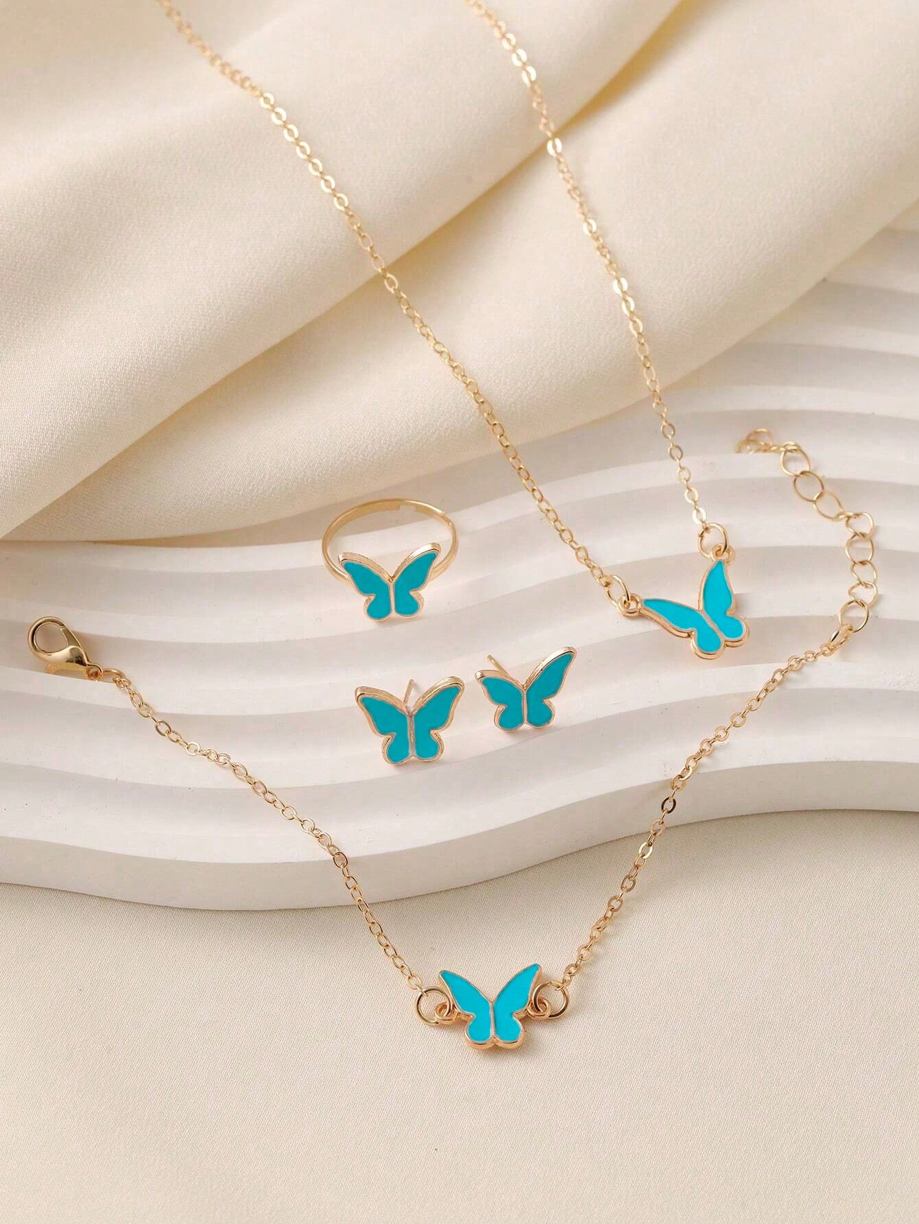 4pcs/Set European And American Style Fashionable Oil Drip Black Butterfly Necklace, Earrings, Ring, Bracelet