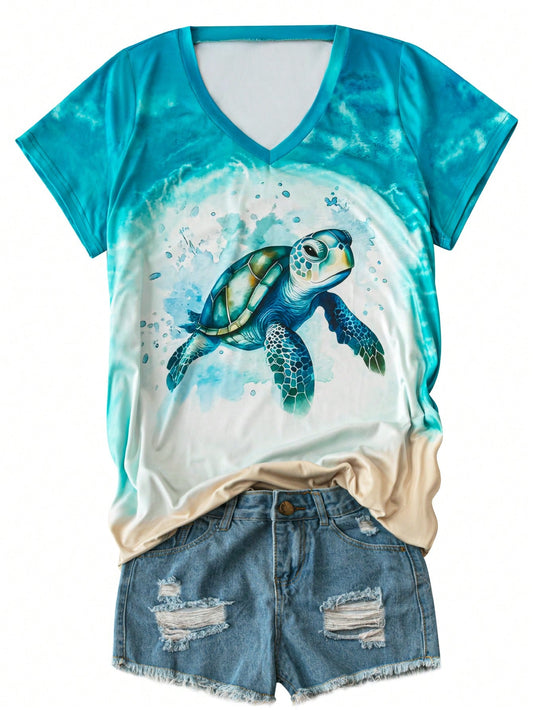 Plus Size Women's Cartoon Print Vintage Simple V-Neck Loose T-Shirt With Turtle Pattern For Summer