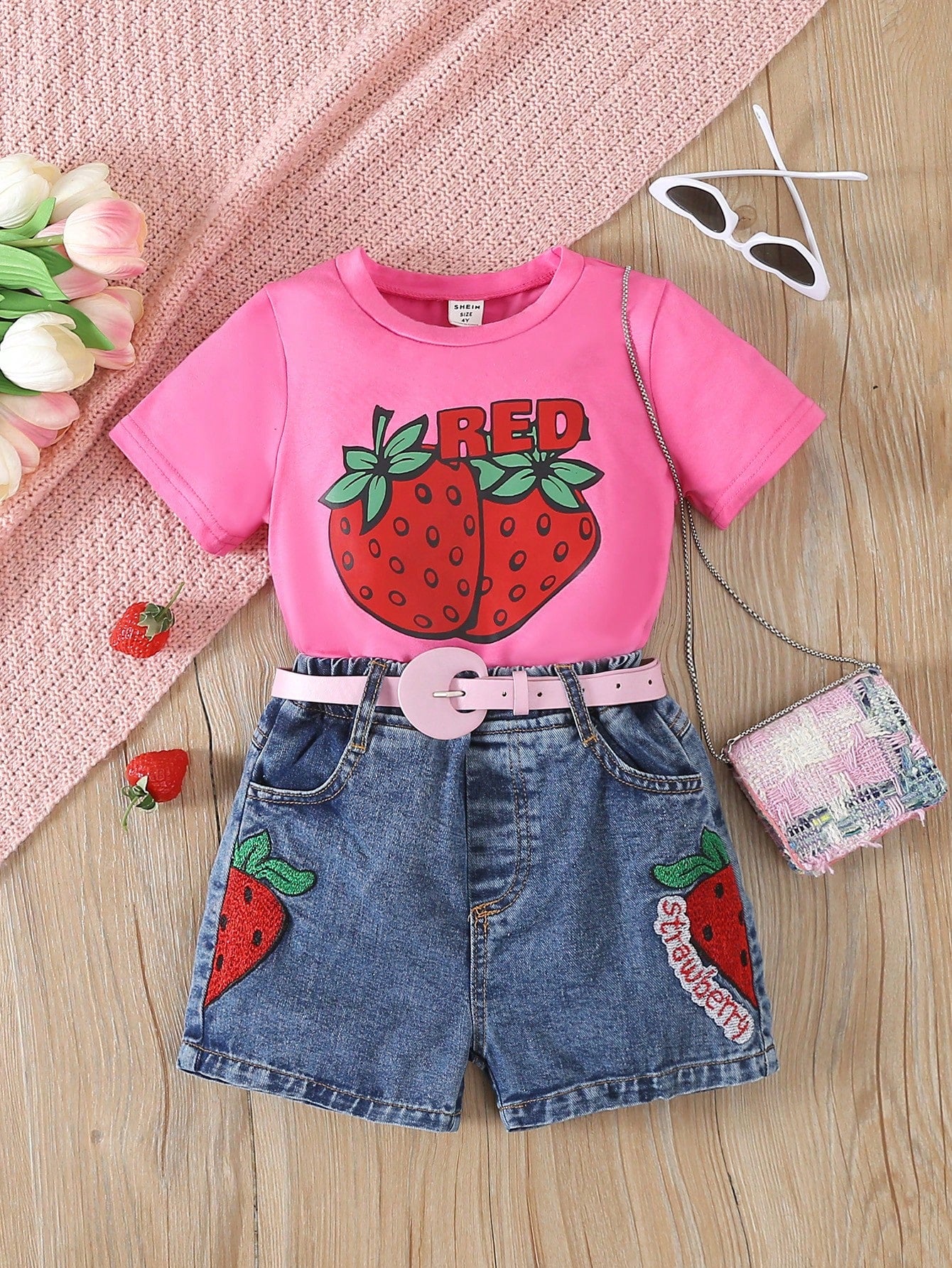 Young Girl Summer 2pcs/Set Strawberry & Letter Print Short Sleeve T-Shirt And Embroidered Elastic Waistband Denim Shorts With Belt