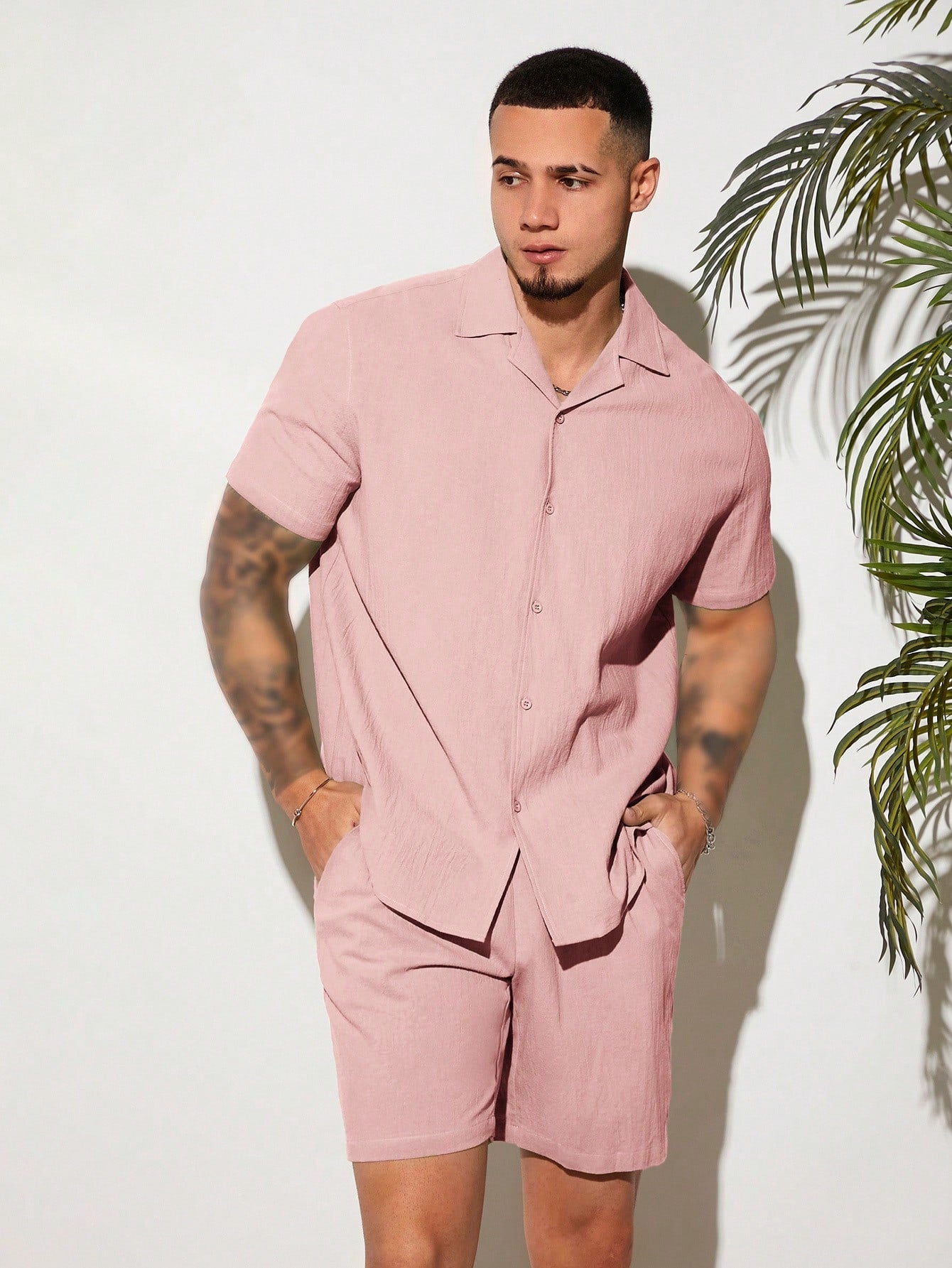 Loose-Fit Men's Solid Shirt & Slant Pocket Shorts Set