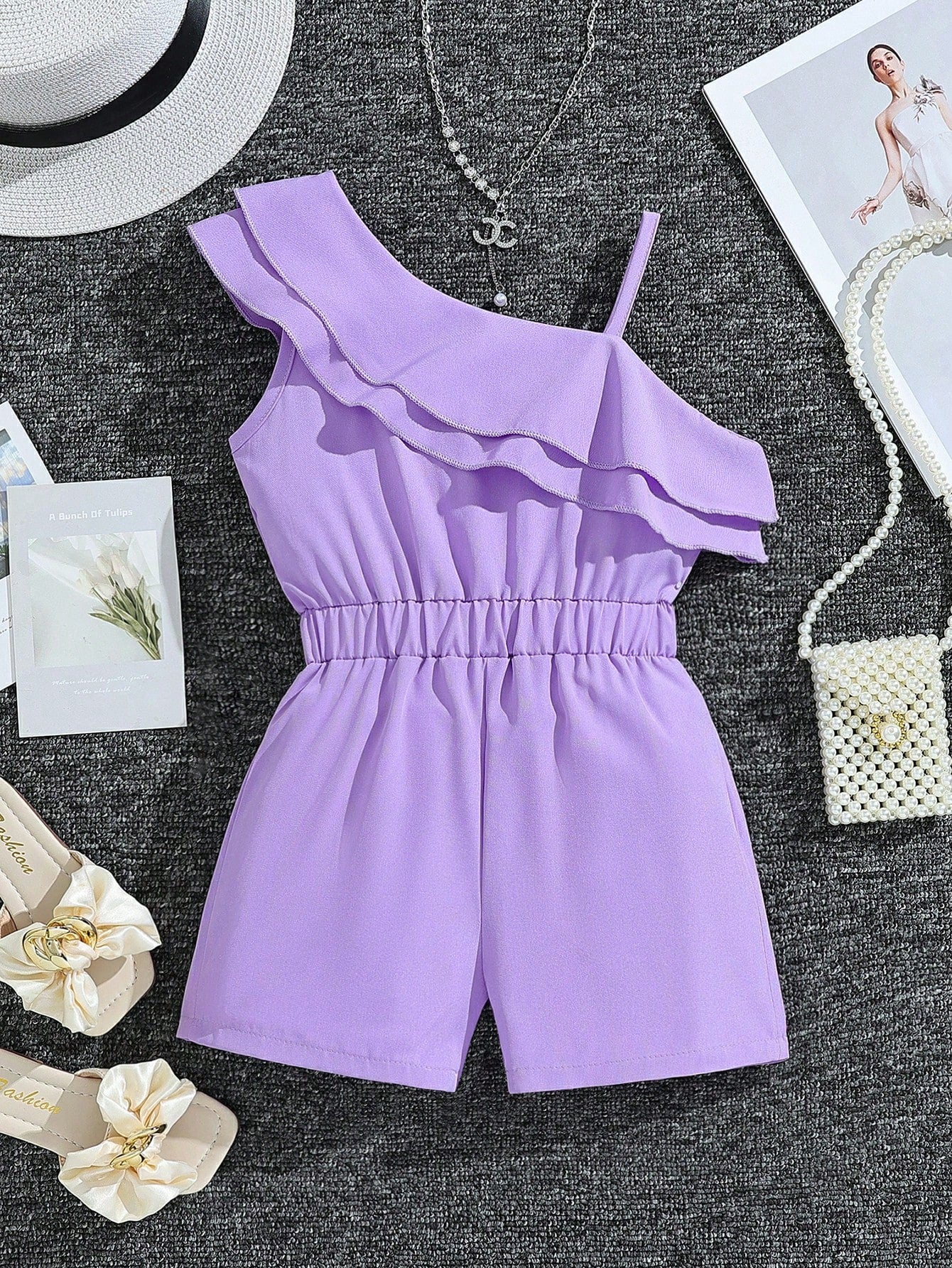 Young Girl Ruffle Trim Asymmetrical Neck Romper