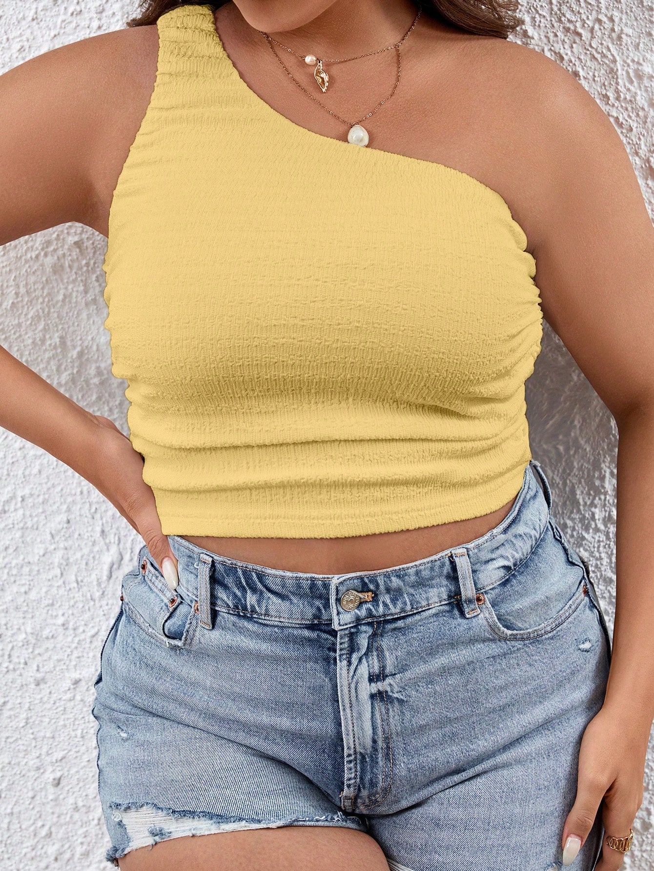 Plus Size Summer Casual Textured One Shoulder Top