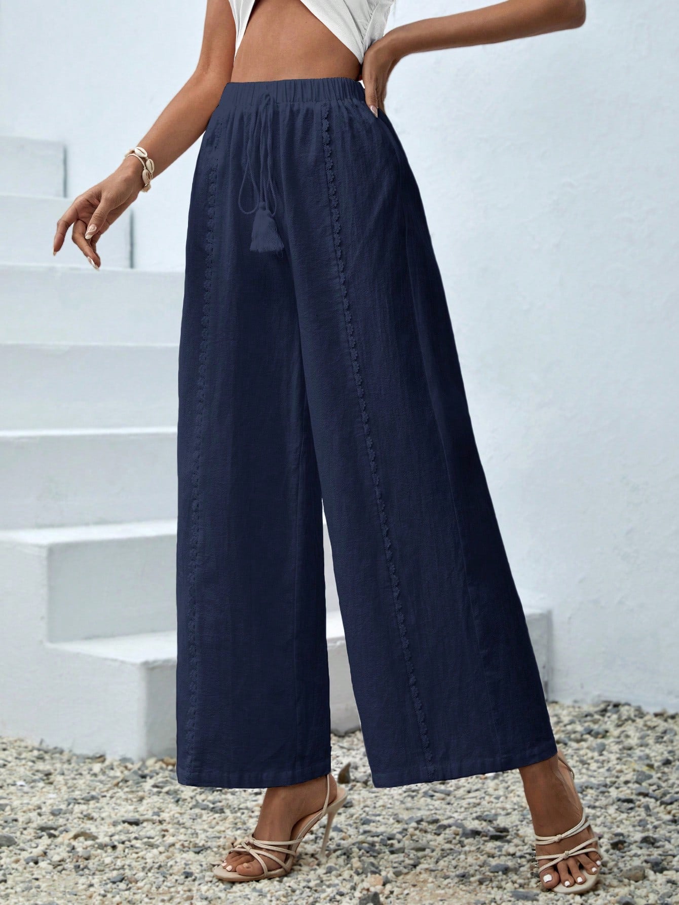 Women's Solid-Colored Loose Fit Casual Trousers With Tassel Detail Pants Pendant Decoration Beach