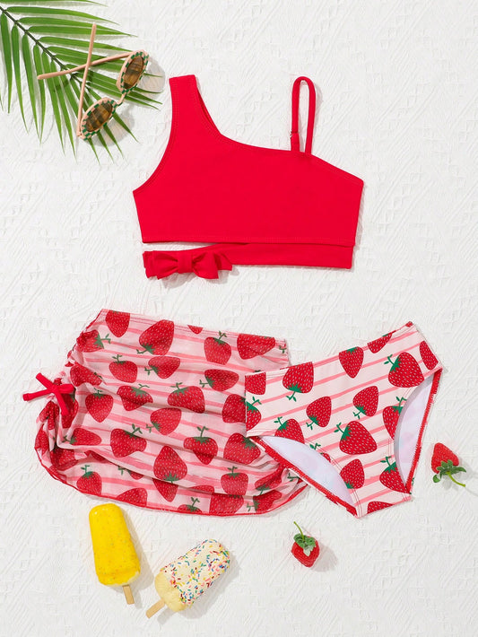 Young Girl Solid Color Top & Strawberry Print Bottom Swimwear Set