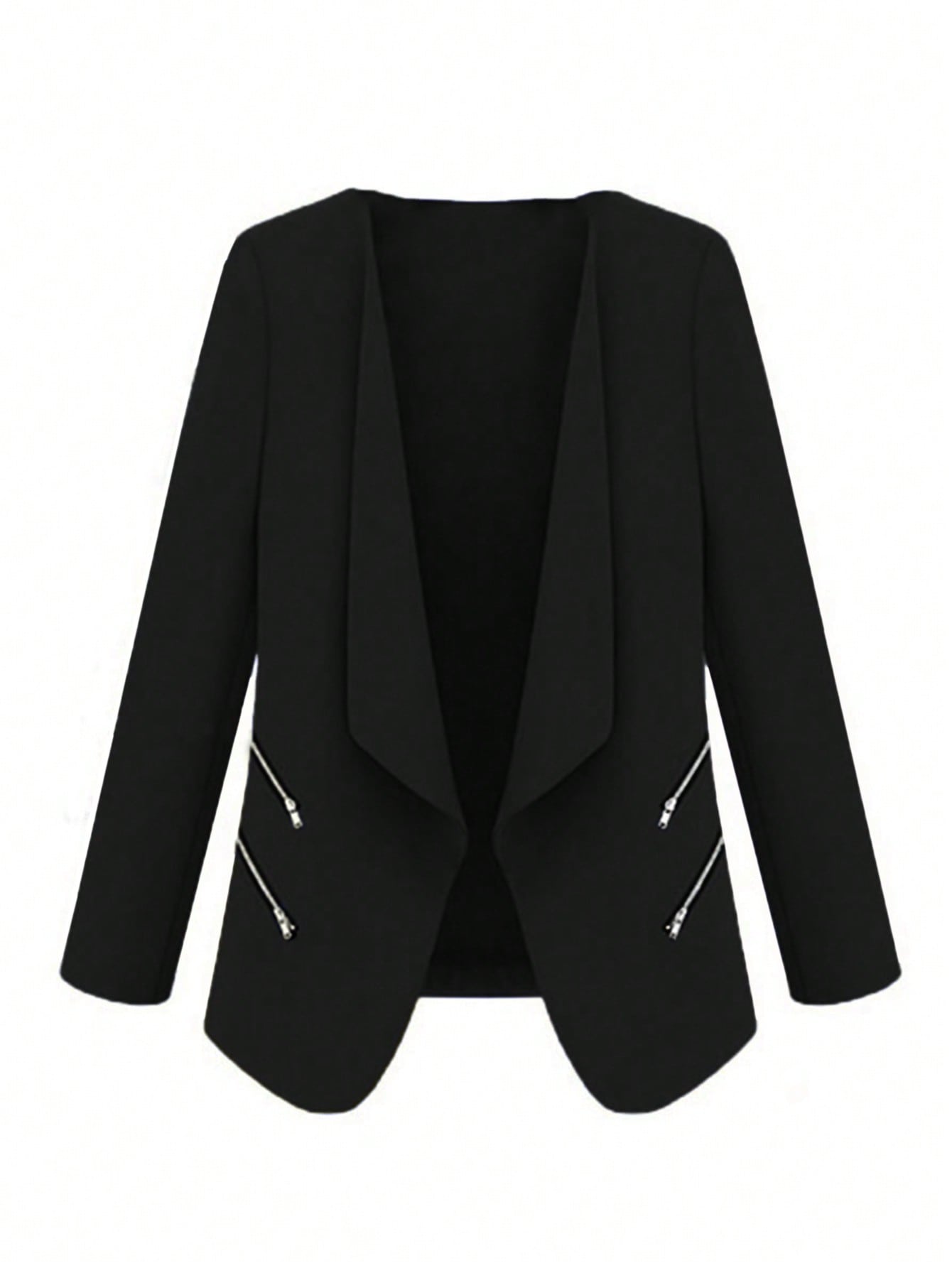 Plus Size Solid Color Waterfall Neckline Jacket With Zipper Design