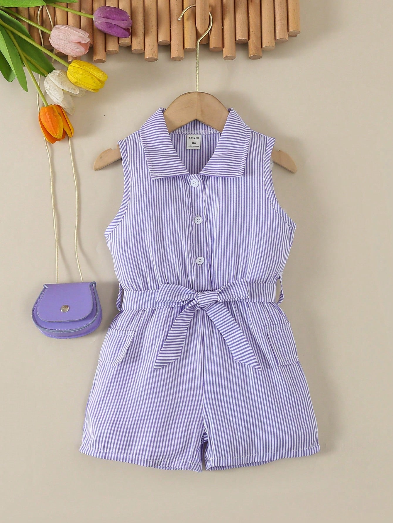 Young Girls' Fashionable Stripe Button Down Sleeveless Romper, Summer