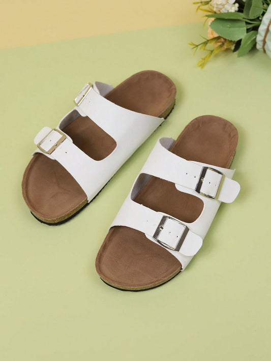 Teenagers Summer New Plain Sandals With Buckle Fastening, Fashionable Flat Platform Slides For Outdoor Casual Occasions