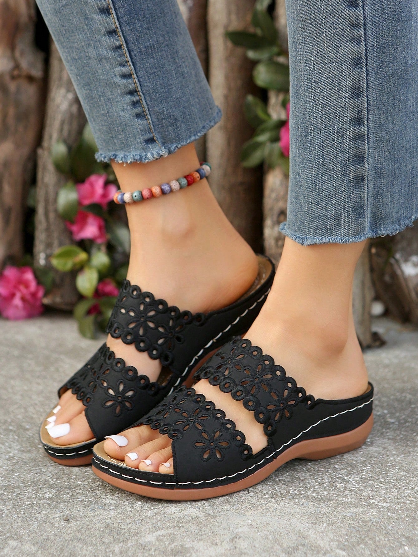 Women Summer Hollow Out Platform Slippers, Soft Bottom Backless Cut-Outs Wedges Sandals For Women