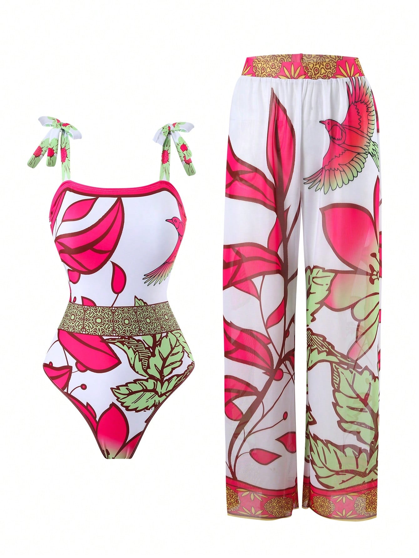 Swim Oasis Summer Beach & Pool Plant Printed One-Piece Swimsuit With Cover-Up Long Pants Set