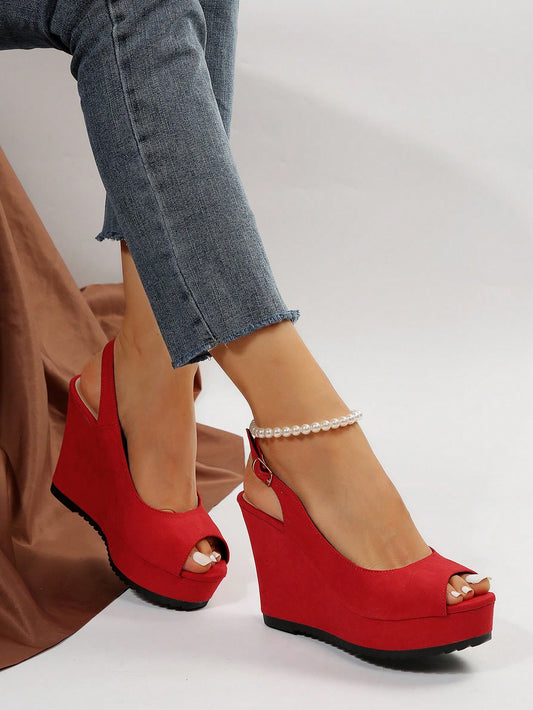 Women Fashionable Classic Velvet Cloth Wedge Heels With Thick Soles And Back Buckle Fish Mouth Shoes In 2024