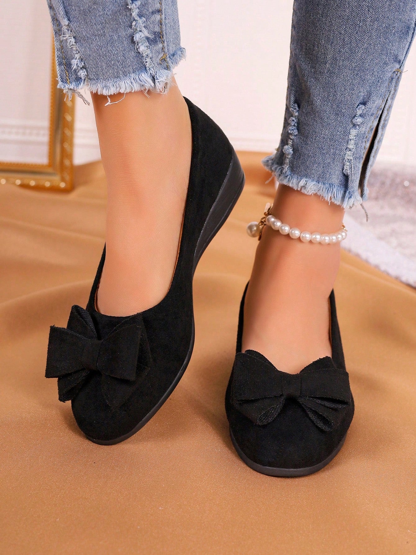 Women Slip-On Flats, Elegant Black Faux Suede Court Wedges