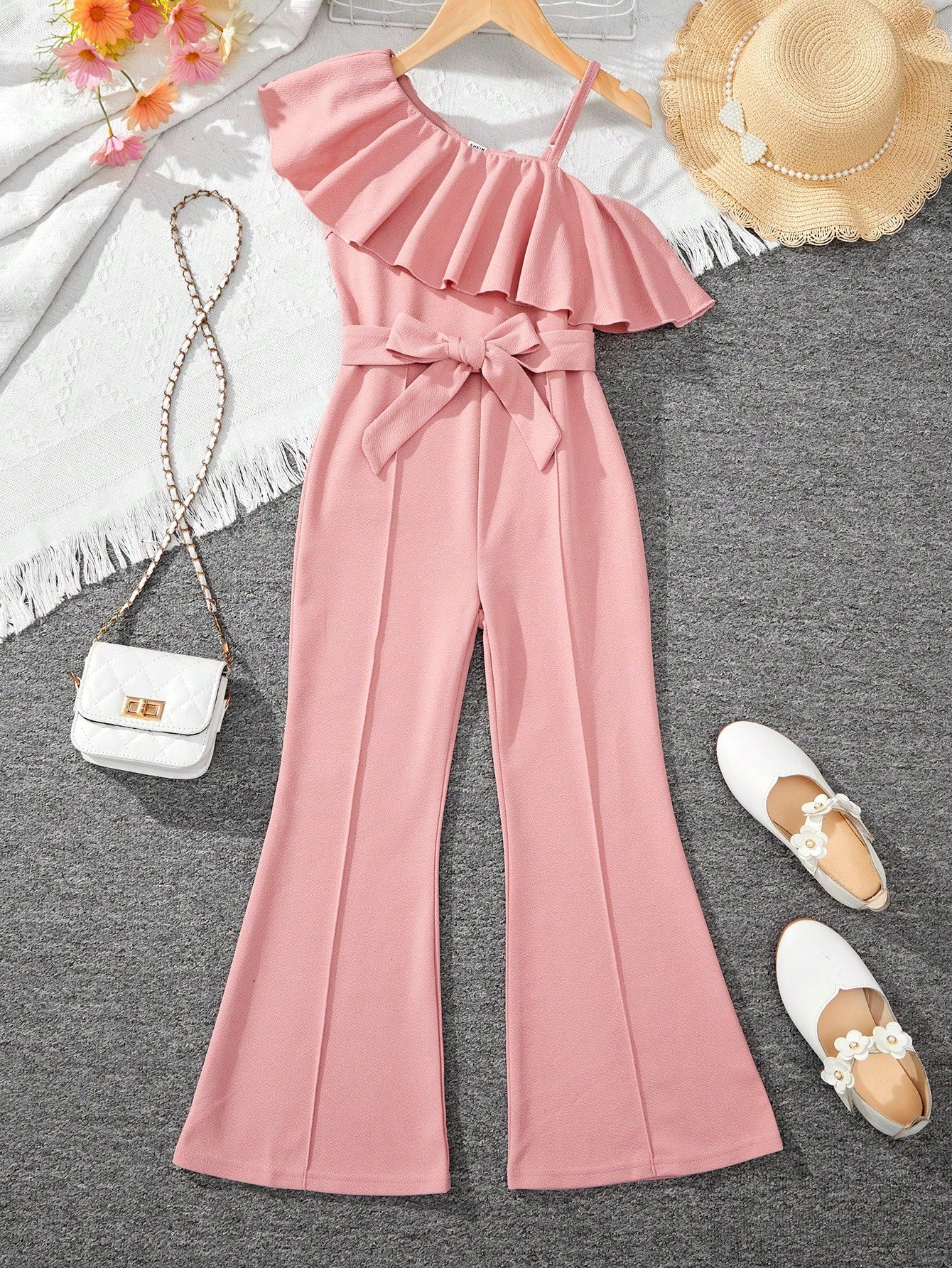 Tween Girl Asymmetrical Neck Ruffle Trim Belted Flare Leg Jumpsuit