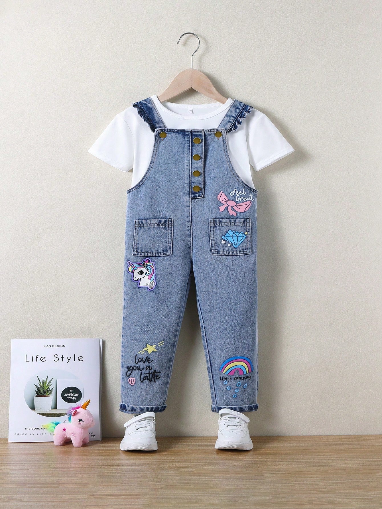 Young Girl Unicorn & Rainbow Print Dual Pocket Denim Overall Jumpsuit