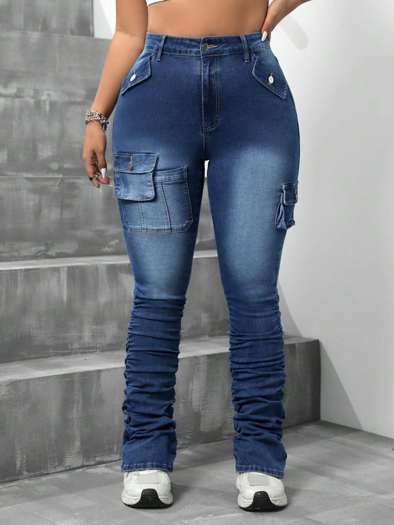 Plus Size Women's Casual Denim Pants With Pockets And Pleated Design