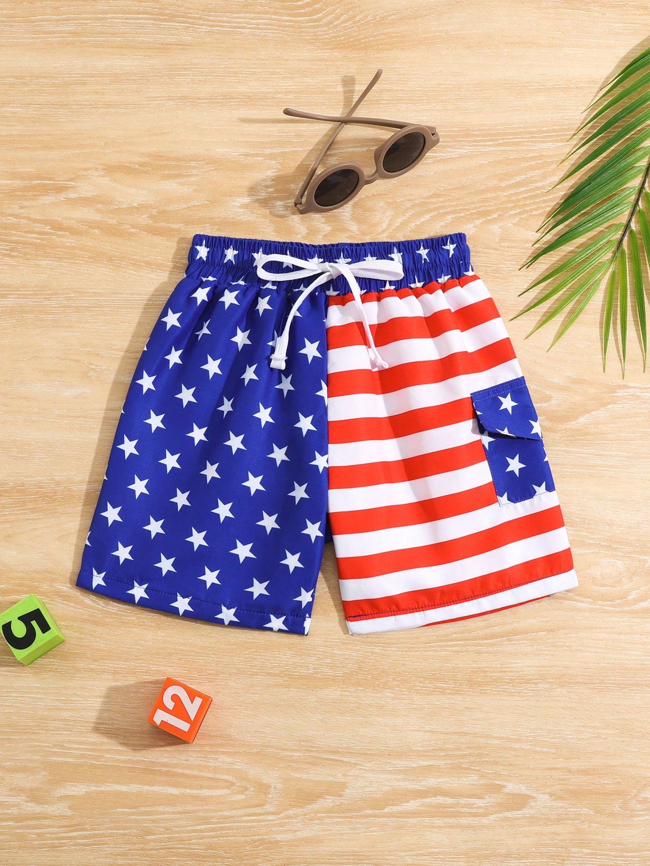 Young Boy American Flag Printed Utility Pockets Swim Shorts