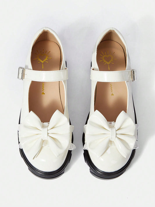 Women's Outdoor Round Toe Wedge Heel Thick Sole Pu Material Shoes With Cute Bow Decoration, Simple Yet Fashionable, White, Buckle Closure