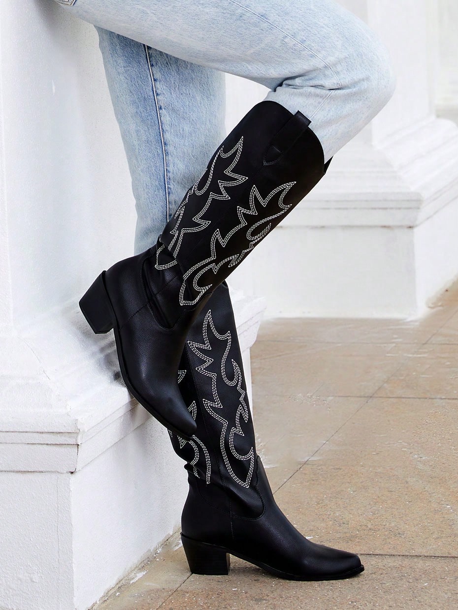 Women Western Cowboy Cowgirl Embroider Pull-On Riding Knee High Boots Vintage Retro Chunky Stacked Heel Shoes