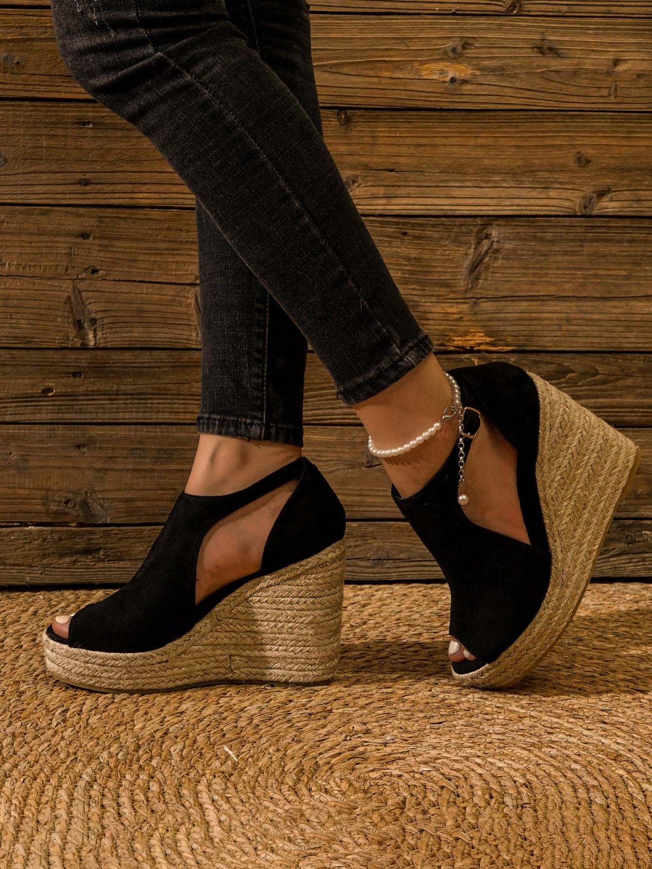 Suede Fashionable Slip-On Shoes With Buckle, Back Heel And Jute Wedge For Women