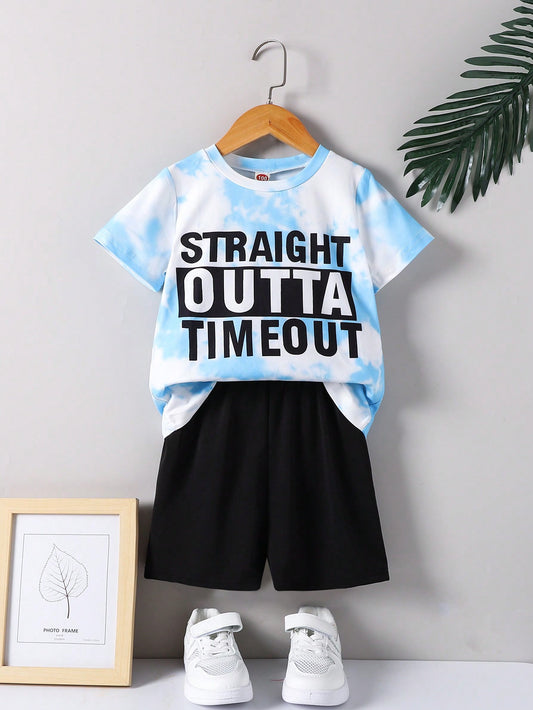 2pcs/Set Young Boys' Casual Style Short Sleeve Tie-Dye Printed T-Shirt With Alphabet Pattern & Black Shorts, Summer