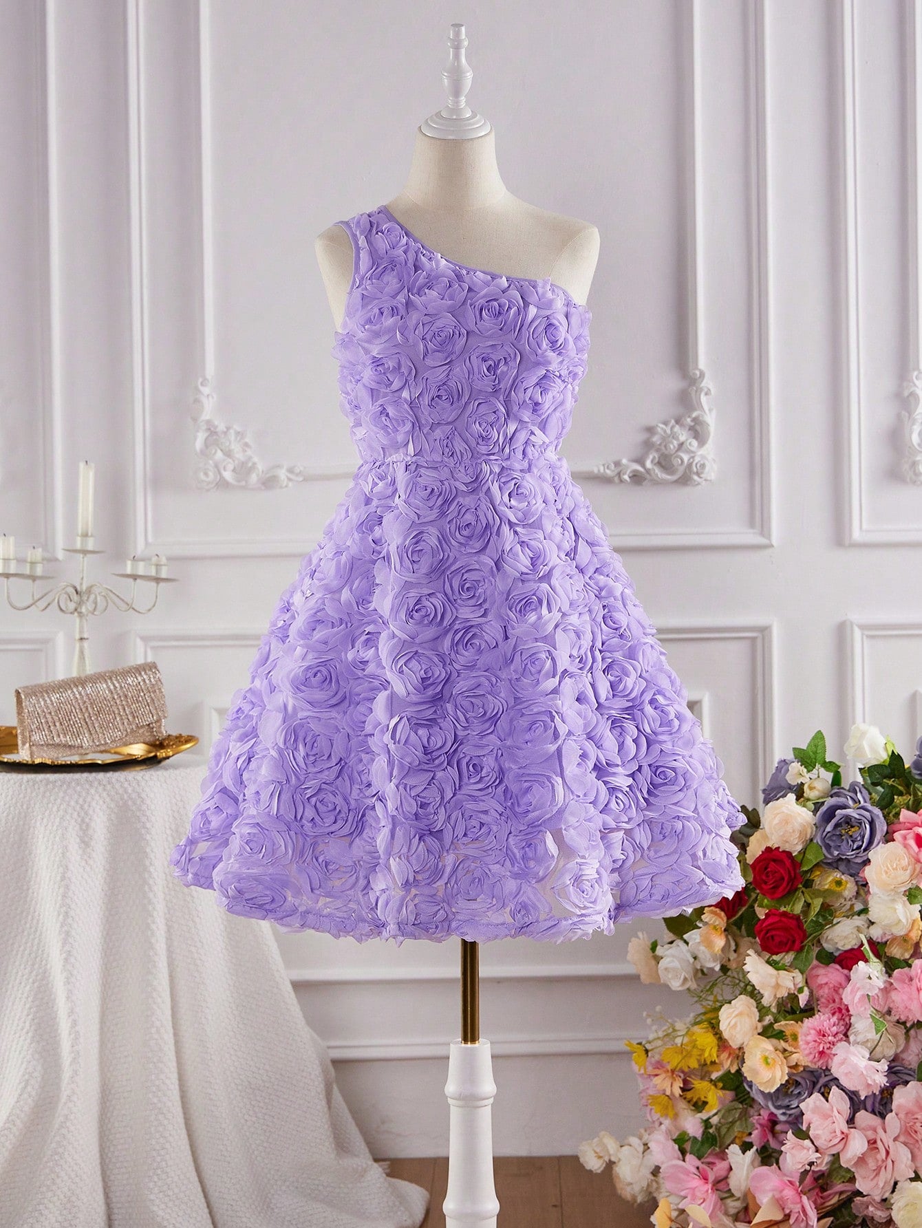 Teen Girl Wedding Season Flower Girl 3D Rose Flower One Shoulder Dress Flower Girl Dress Tulle Party Dress Birthday Party Host Dress