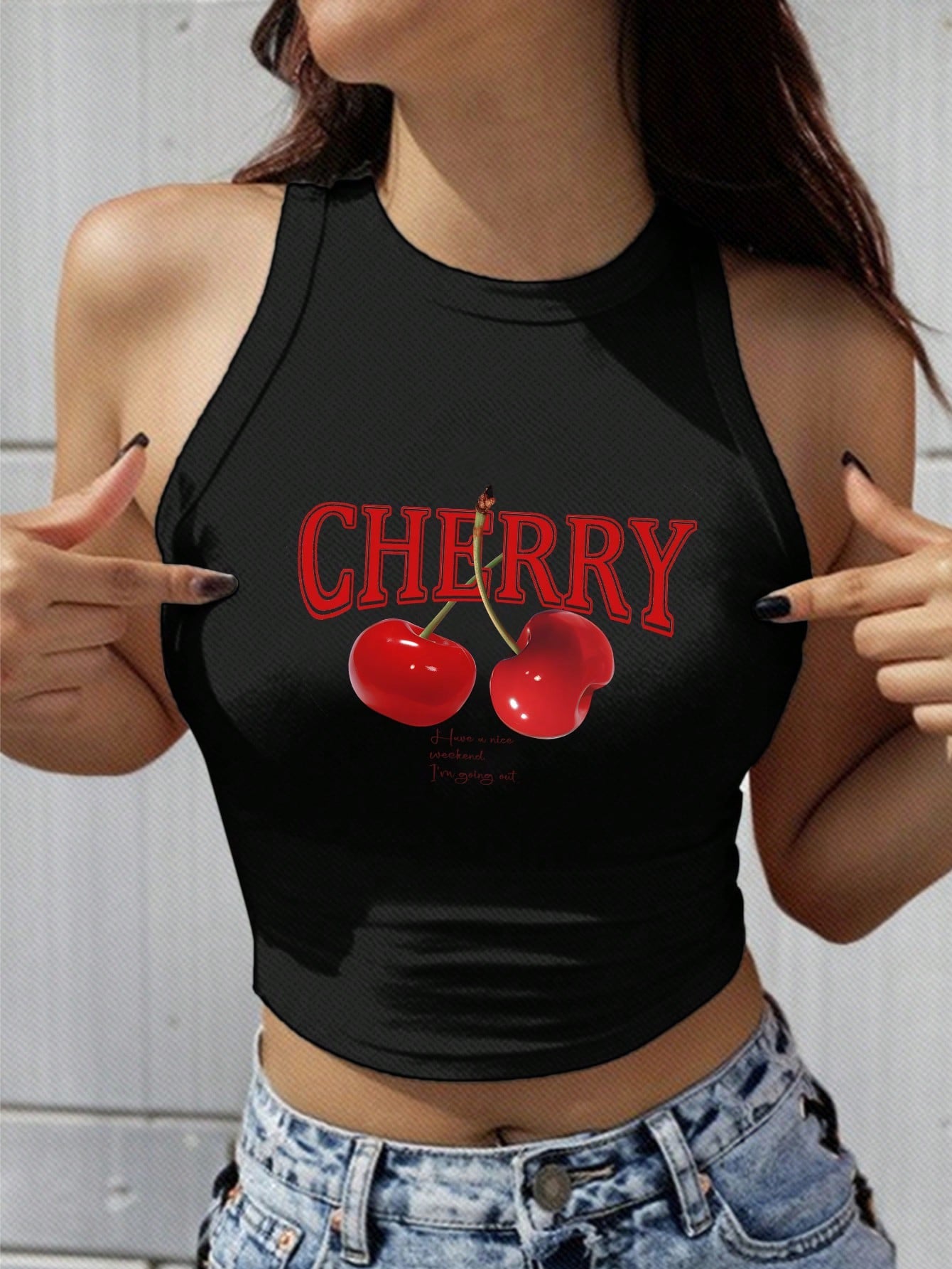 Women's Pink Cherry Pattern Casual Simple Slim Fit Crop Tank Top, Suitable For Summer CHERRY Have A Nice Weekend. I'm Going Out